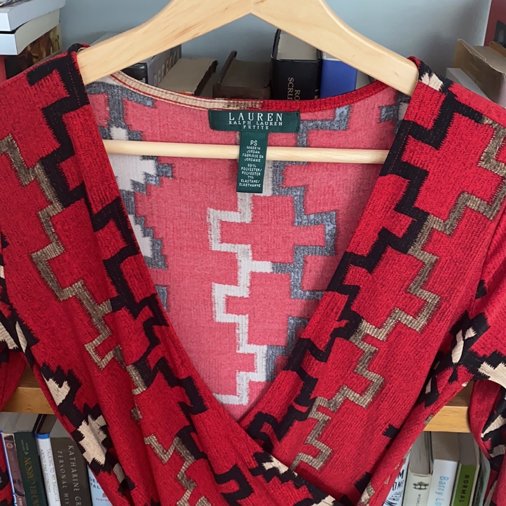 Red geometric print wrap dress